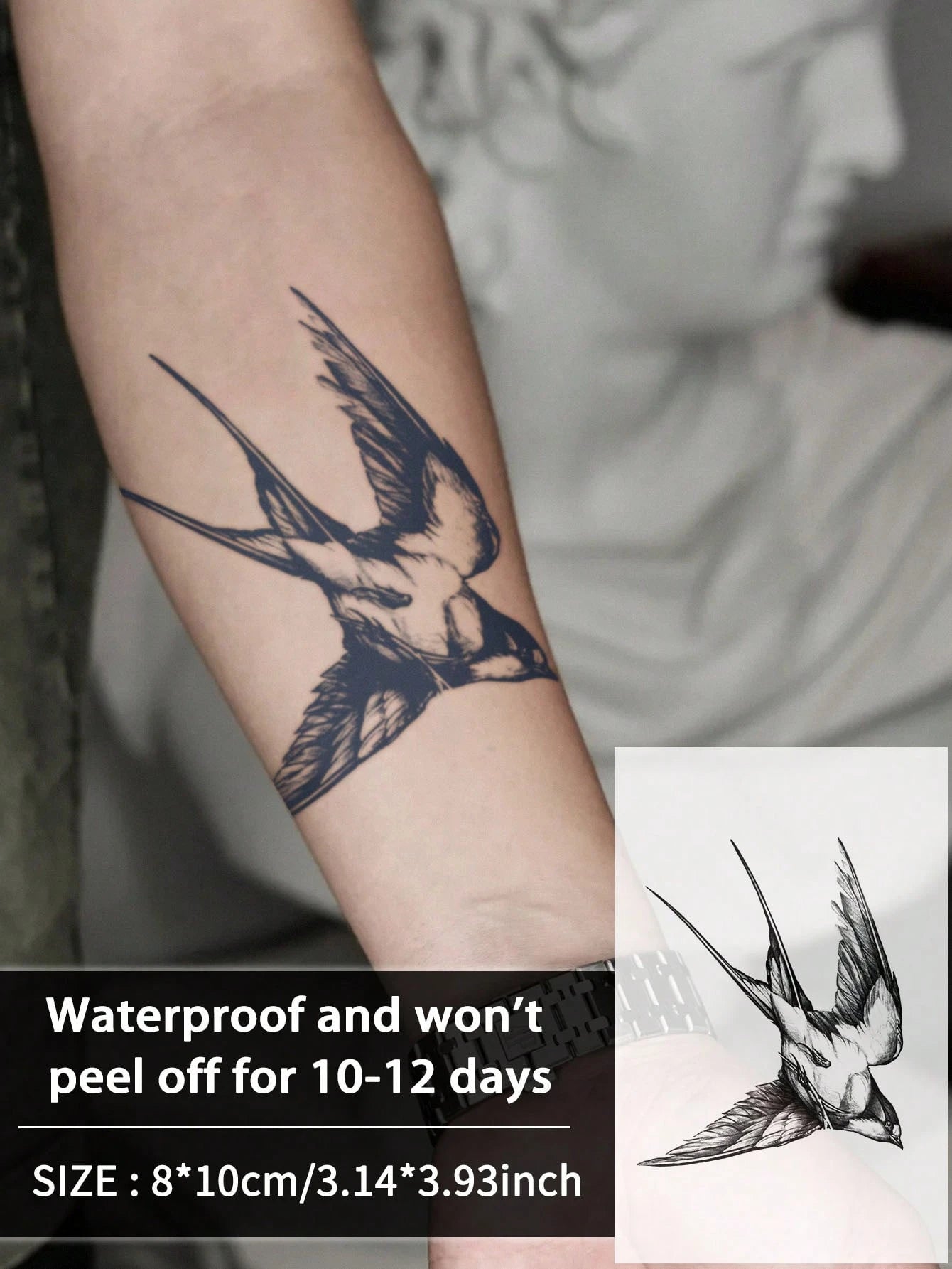 1pc Swallow Temporary Tattoo Sticker, Semi-Permanent, Waterproof & Sweatproof, Lasts 1-2 Weeks, Realistic Herbal Juice, Non-Reflective, Black Faux Tattoo Sticker, Unisex, Applicable To Arms, Chest, Le