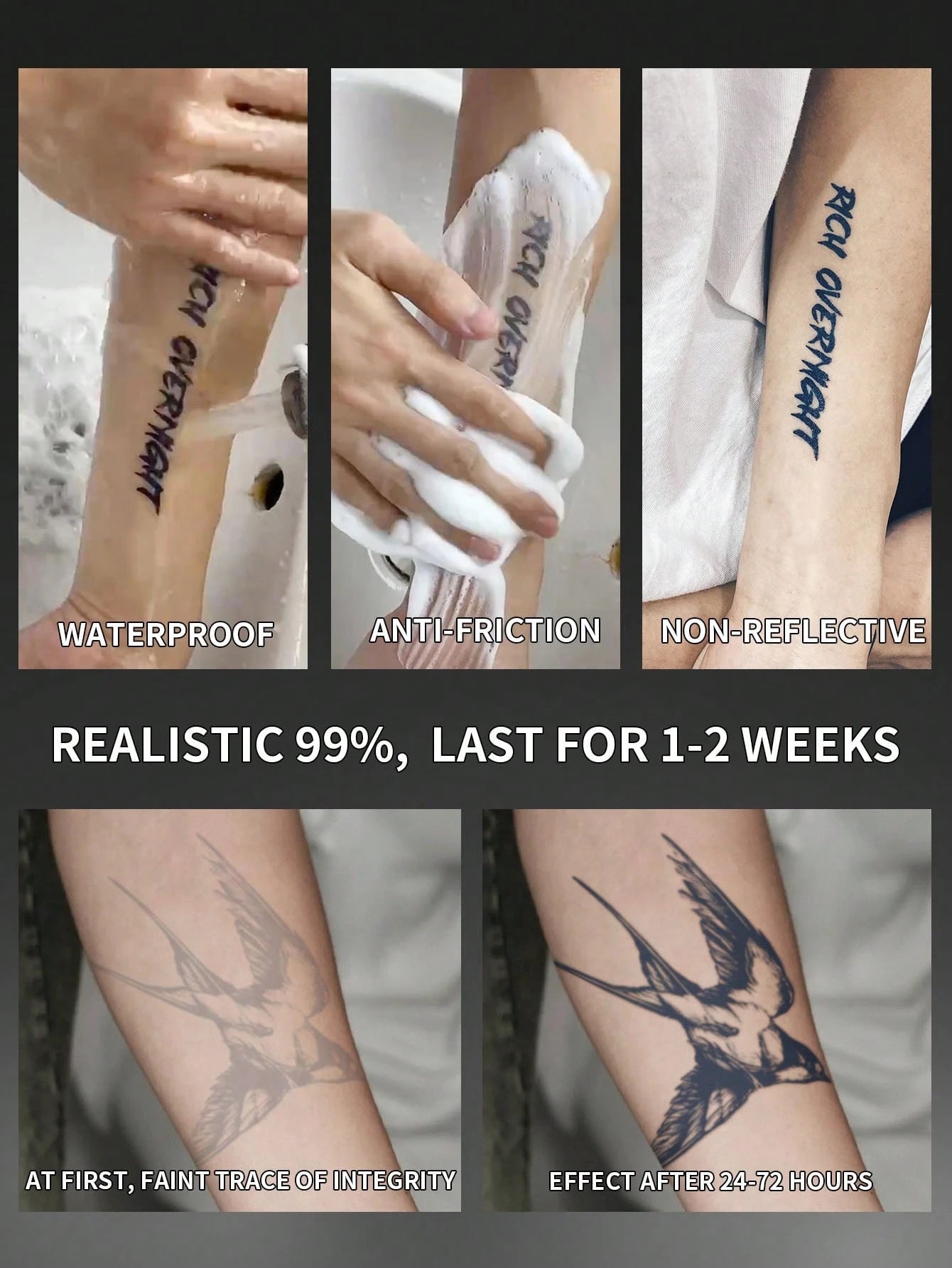 1pc Swallow Temporary Tattoo Sticker, Semi-Permanent, Waterproof & Sweatproof, Lasts 1-2 Weeks, Realistic Herbal Juice, Non-Reflective, Black Faux Tattoo Sticker, Unisex, Applicable To Arms, Chest, Le
