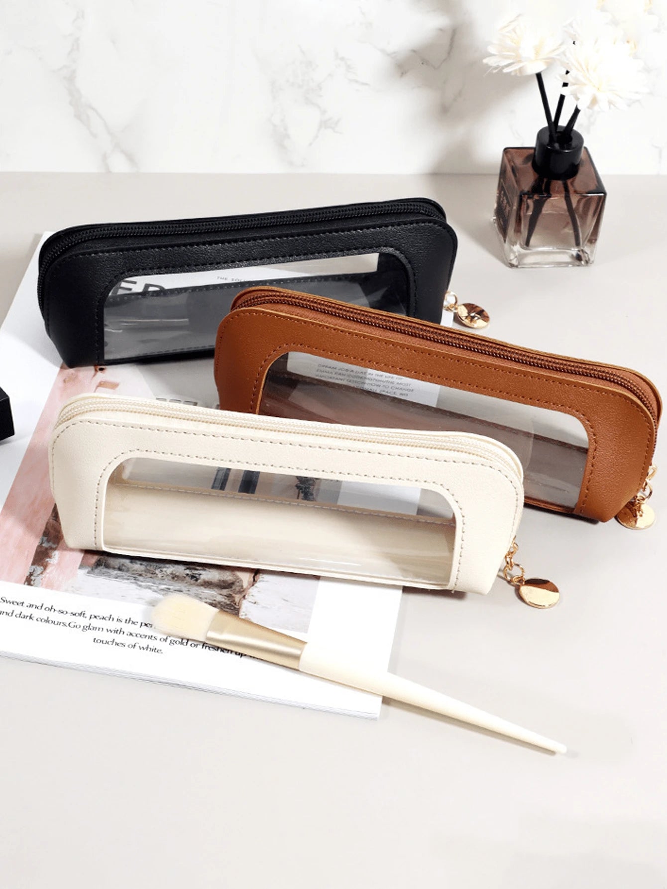 1pc Transparent Makeup Brush Bag, Portable Cosmetic Storage Pouch, Suitable For Daily Travel, Travel Storage Bag, Zipper Storage Bag, Organizer Bag, Multi-Functional Stationery Storage, Zipper Storage