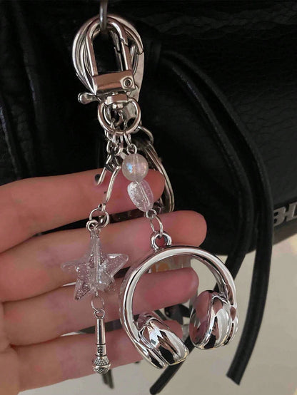 1pc Unisex INS Style Music Earphone Keychain, Creative Mini Microphone Guitar Note Keyring, Unique Phone Strap, Car Key Chain, Bag Charm, Pendant And Chain, Cute, Music Festival Music Lover Gift, Car