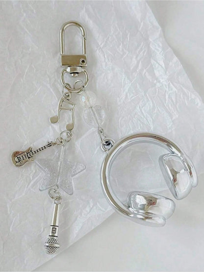 1pc Unisex INS Style Music Earphone Keychain, Creative Mini Microphone Guitar Note Keyring, Unique Phone Strap, Car Key Chain, Bag Charm, Pendant And Chain, Cute, Music Festival Music Lover Gift, Car