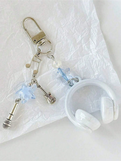 1pc Unisex INS Style Music Earphone Keychain, Creative Mini Microphone Guitar Note Keyring, Unique Phone Strap, Car Key Chain, Bag Charm, Pendant And Chain, Cute, Music Festival Music Lover Gift, Car