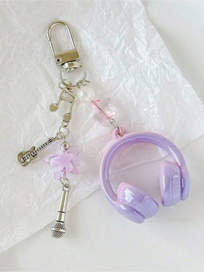 1pc Unisex INS Style Music Earphone Keychain, Creative Mini Microphone Guitar Note Keyring, Unique Phone Strap, Car Key Chain, Bag Charm, Pendant And Chain, Cute, Music Festival Music Lover Gift, Car