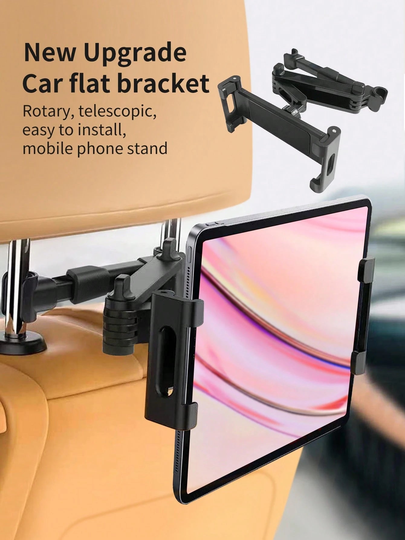 1pc Upgraded Car Headrest Mount Tablet & Phone Holder, 360 Degree Rotation, Extendable & Retractable Stand, Black