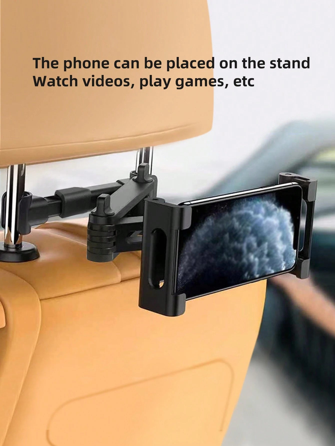 1pc Upgraded Car Headrest Mount Tablet & Phone Holder, 360 Degree Rotation, Extendable & Retractable Stand, Black