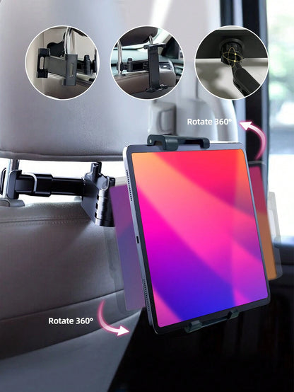 1pc Upgraded Car Headrest Mount Tablet & Phone Holder, 360 Degree Rotation, Extendable & Retractable Stand, Black