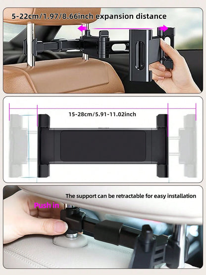 1pc Upgraded Car Headrest Mount Tablet & Phone Holder, 360 Degree Rotation, Extendable & Retractable Stand, Black