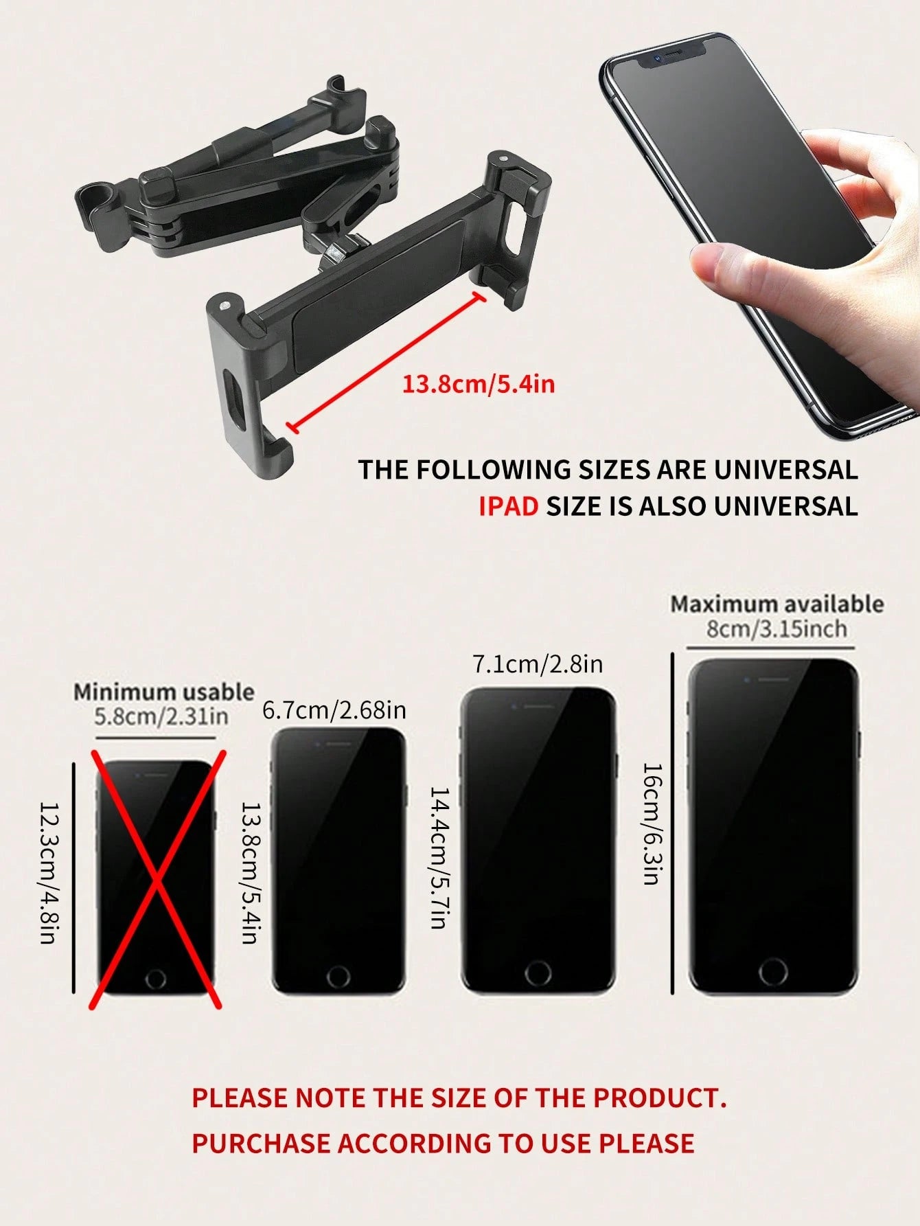 1pc Upgraded Car Headrest Mount Tablet & Phone Holder, 360 Degree Rotation, Extendable & Retractable Stand, Black