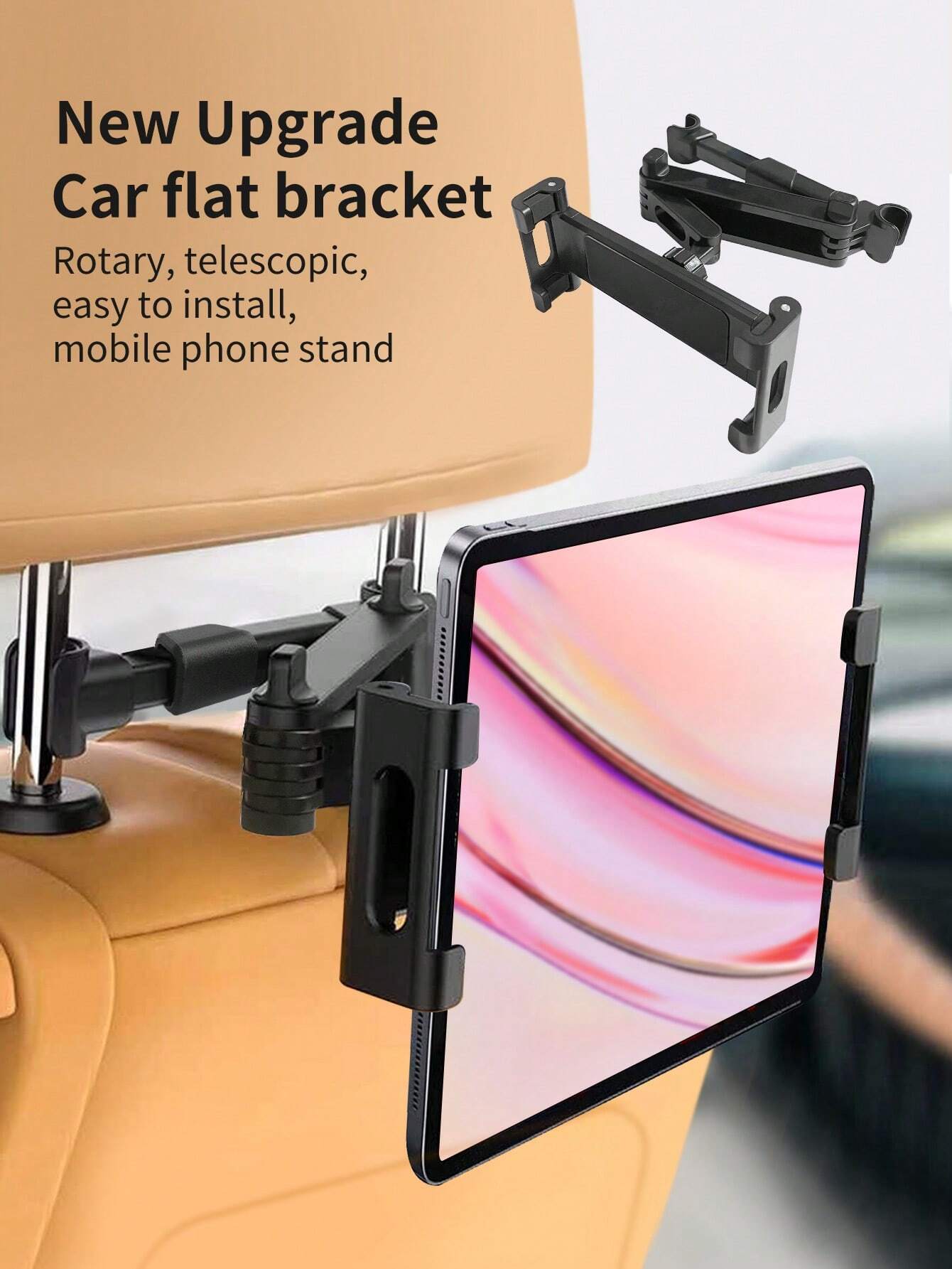 1pc Upgraded Car Headrest Mount Tablet & Phone Holder, 360 Degree Rotation, Extendable & Retractable Stand, Black
