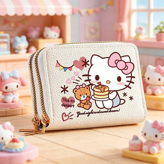 1PC [Wallet]New Sanrio Hello Kitty Cartoon Print Accordion Card Holder Coin Purse, Double Layer Zipper Wallet, Large Capacity PU Coin Purse, Fashion Card Holder Multi-Function Card Wallet, Sanrio Char