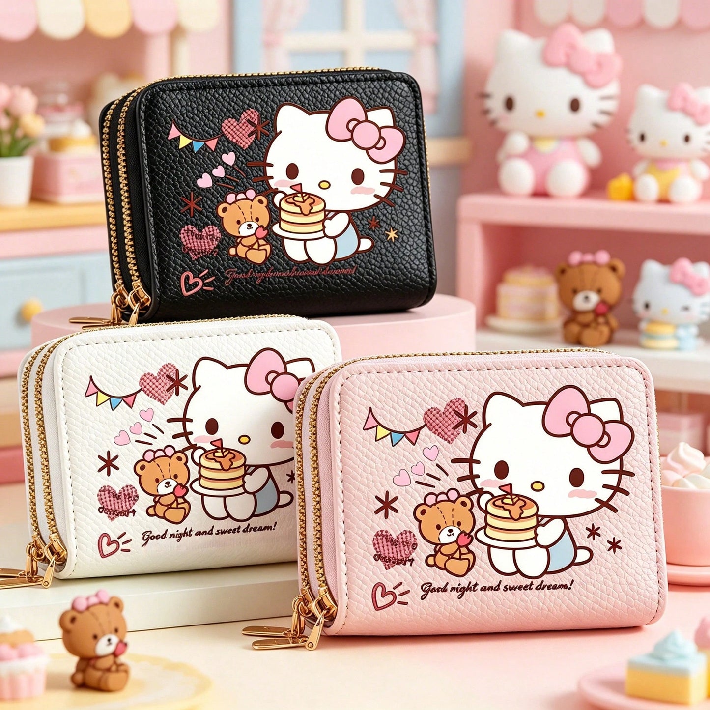 1PC [Wallet]New Sanrio Hello Kitty Cartoon Print Accordion Card Holder Coin Purse, Double Layer Zipper Wallet, Large Capacity PU Coin Purse, Fashion Card Holder Multi-Function Card Wallet, Sanrio Char
