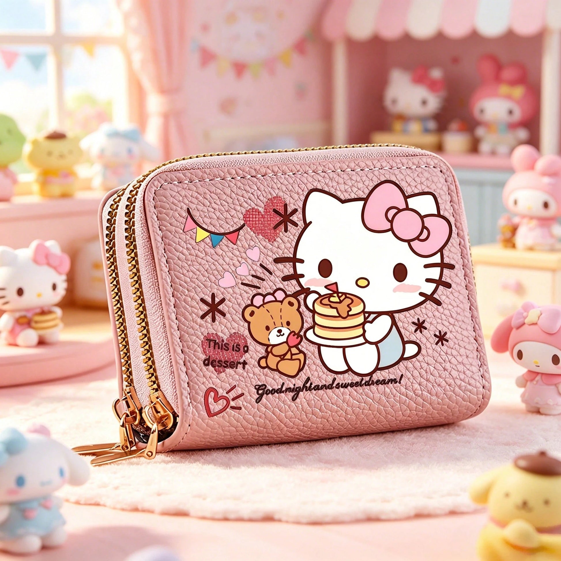 1PC [Wallet]New Sanrio Hello Kitty Cartoon Print Accordion Card Holder Coin Purse, Double Layer Zipper Wallet, Large Capacity PU Coin Purse, Fashion Card Holder Multi-Function Card Wallet, Sanrio Char