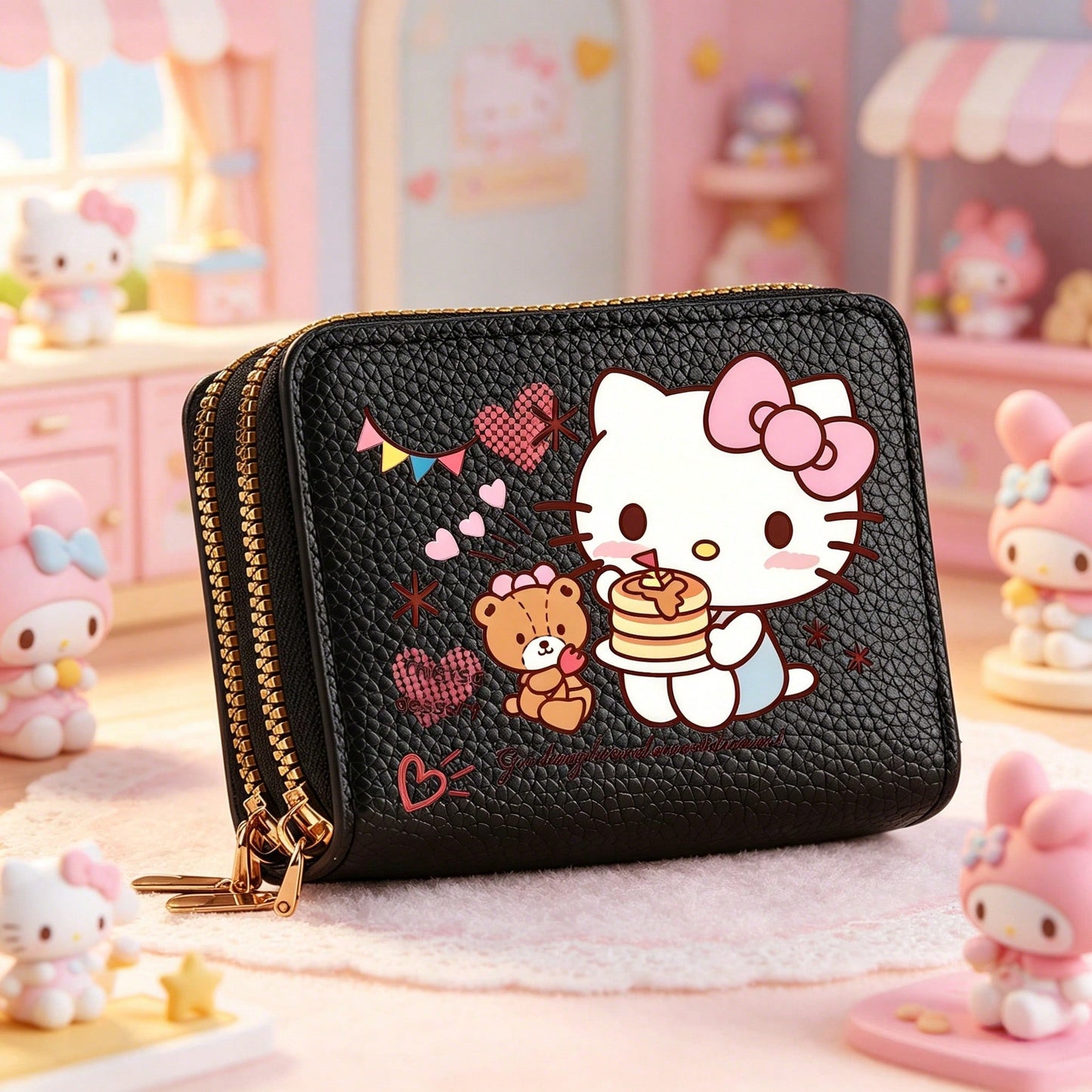 1PC [Wallet]New Sanrio Hello Kitty Cartoon Print Accordion Card Holder Coin Purse, Double Layer Zipper Wallet, Large Capacity PU Coin Purse, Fashion Card Holder Multi-Function Card Wallet, Sanrio Char