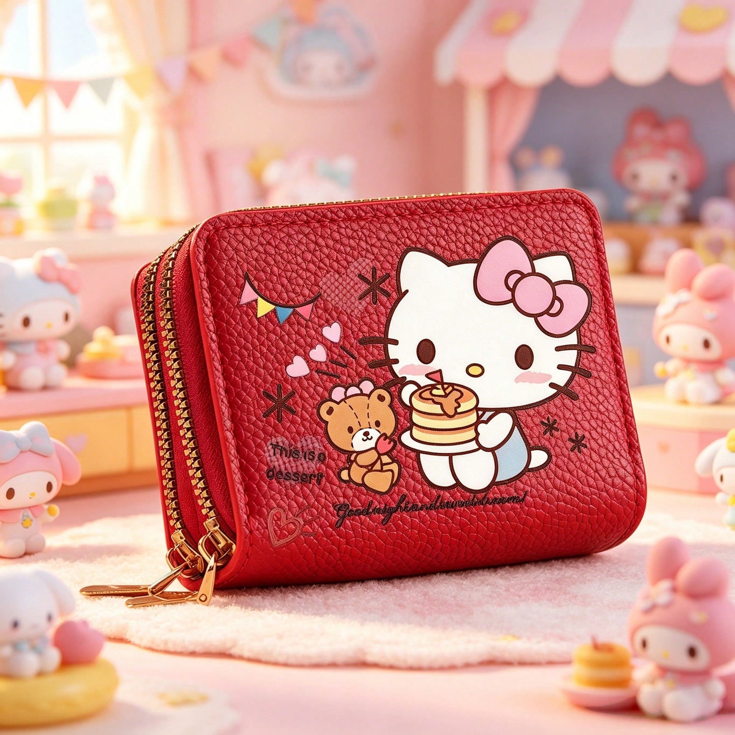 1PC [Wallet]New Sanrio Hello Kitty Cartoon Print Accordion Card Holder Coin Purse, Double Layer Zipper Wallet, Large Capacity PU Coin Purse, Fashion Card Holder Multi-Function Card Wallet, Sanrio Char