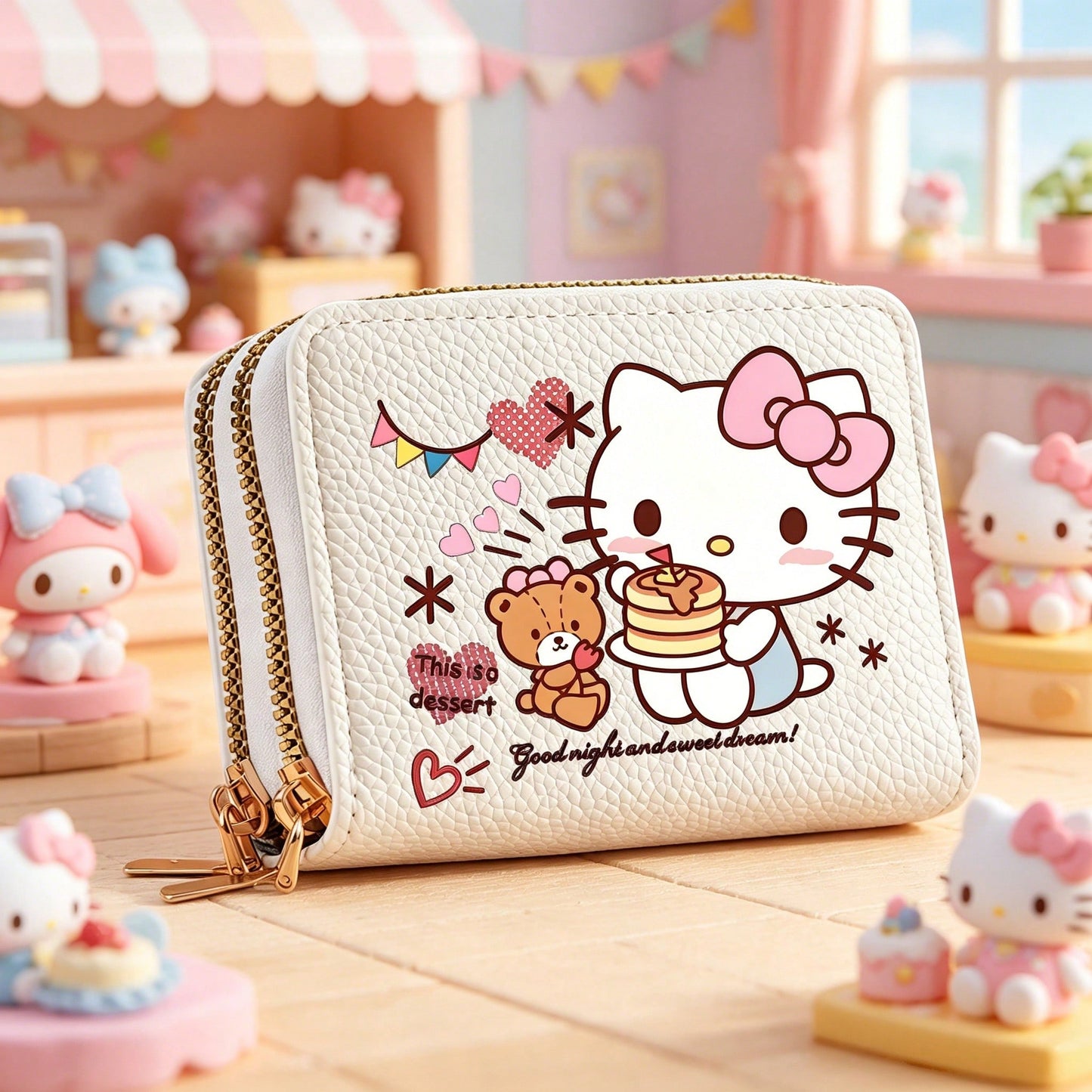1PC [Wallet]New Sanrio Hello Kitty Cartoon Print Accordion Card Holder Coin Purse, Double Layer Zipper Wallet, Large Capacity PU Coin Purse, Fashion Card Holder Multi-Function Card Wallet, Sanrio Char
