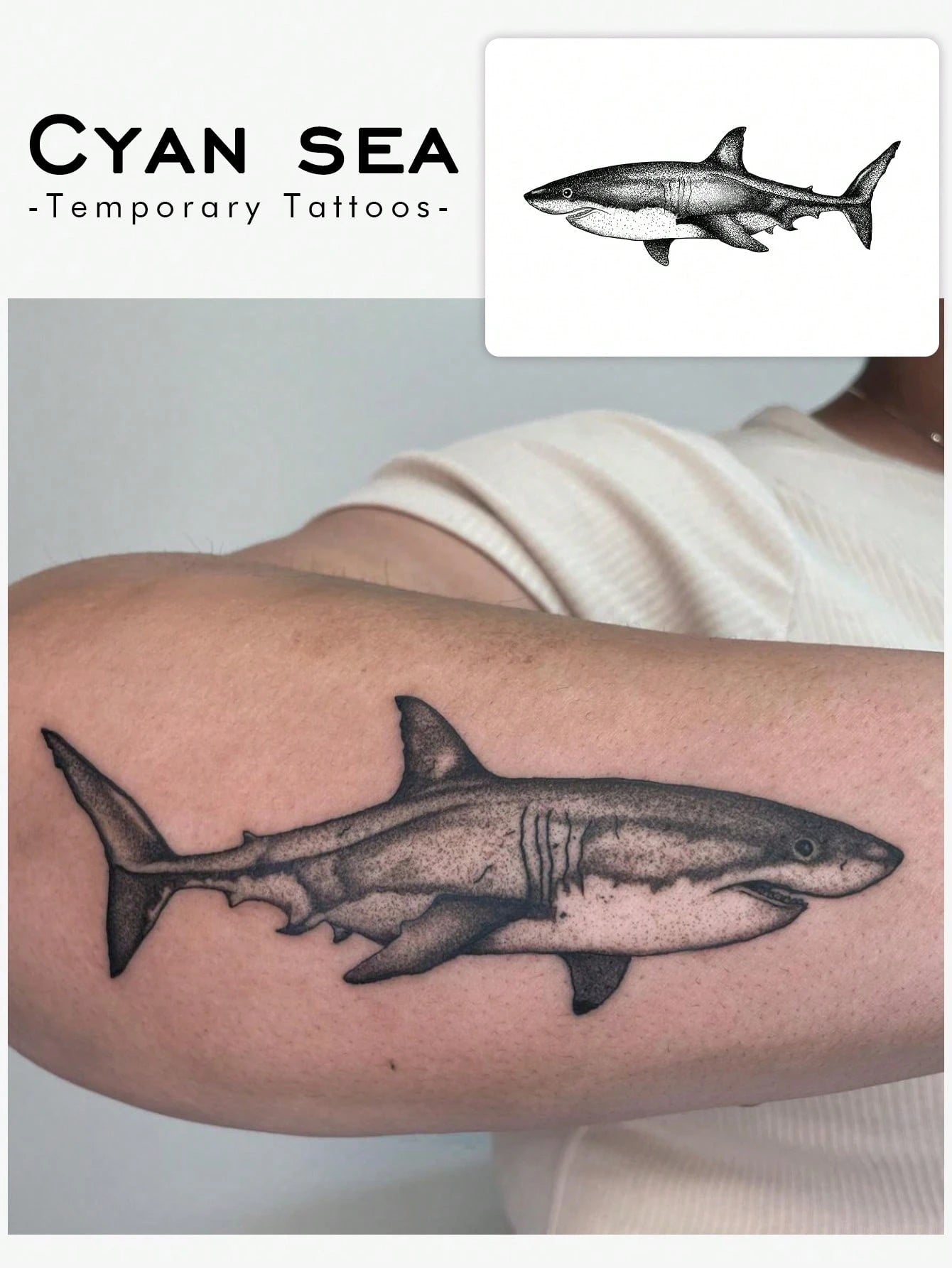 1pc Waterproof Temporary Tattoo Sticker, Classic Cool Shark Design, PVC Material, Sweat-Proof, Suitable For Fashionable Men Daily Use
