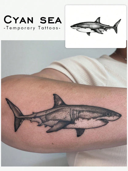 1pc Waterproof Temporary Tattoo Sticker, Classic Cool Shark Design, PVC Material, Sweat-Proof, Suitable For Fashionable Men Daily Use