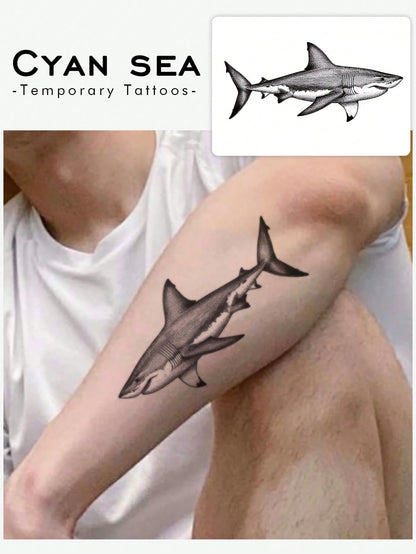 1pc Waterproof Temporary Tattoo Sticker, Classic Cool Shark Design, PVC Material, Sweat-Proof, Suitable For Fashionable Men Daily Use