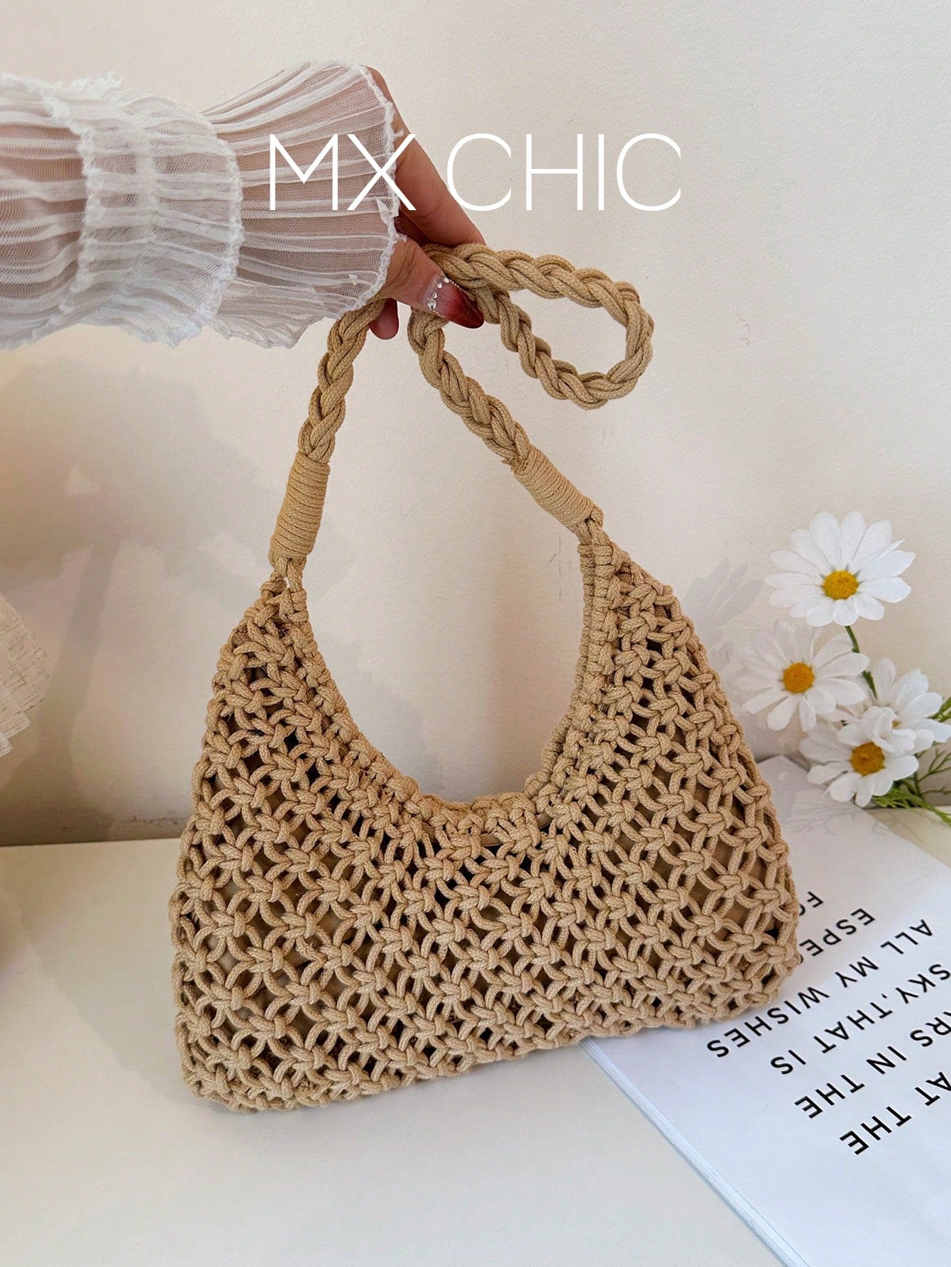 1pc Women's Solid Color Crochet Crescent Moon Shoulder Bag, Zipper Closure, Fashionable For Spring/Summer Casual, Commuting, Shopping, Vacation, Gift