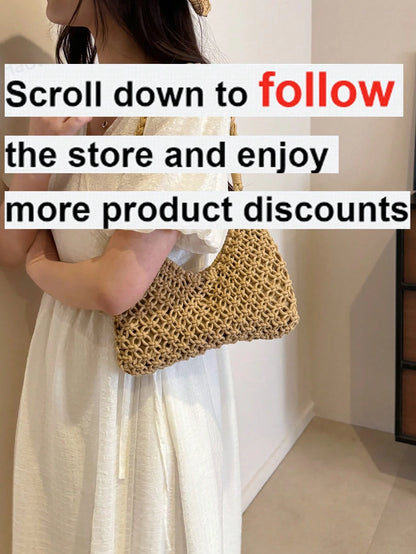 1pc Women's Solid Color Crochet Crescent Moon Shoulder Bag, Zipper Closure, Fashionable For Spring/Summer Casual, Commuting, Shopping, Vacation, Gift