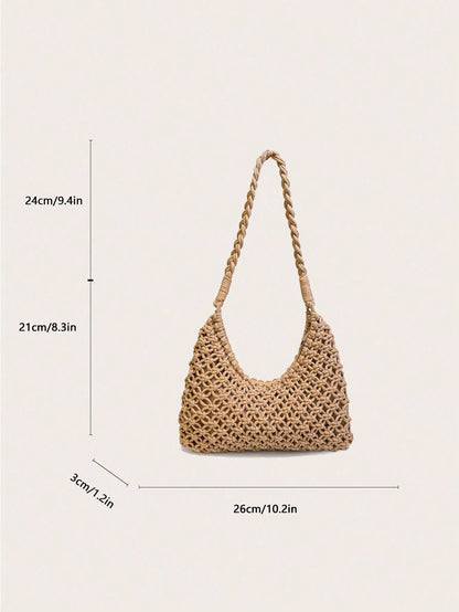 1pc Women's Solid Color Crochet Crescent Moon Shoulder Bag, Zipper Closure, Fashionable For Spring/Summer Casual, Commuting, Shopping, Vacation, Gift