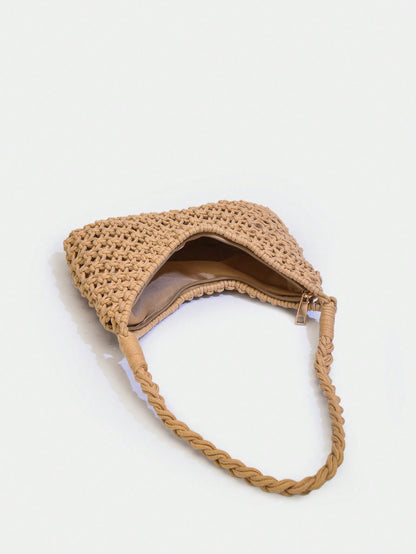 1pc Women's Solid Color Crochet Crescent Moon Shoulder Bag, Zipper Closure, Fashionable For Spring/Summer Casual, Commuting, Shopping, Vacation, Gift