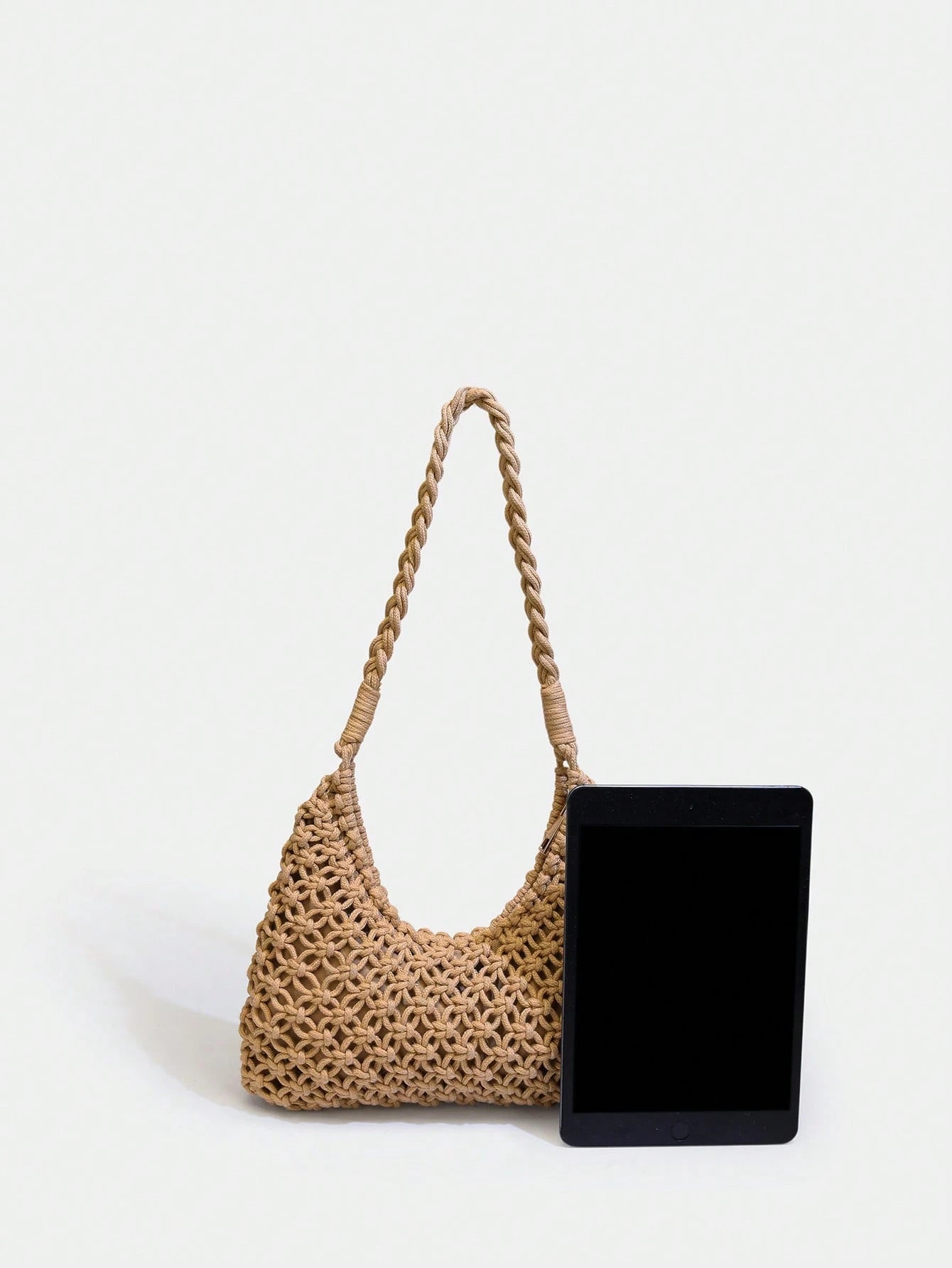 1pc Women's Solid Color Crochet Crescent Moon Shoulder Bag, Zipper Closure, Fashionable For Spring/Summer Casual, Commuting, Shopping, Vacation, Gift