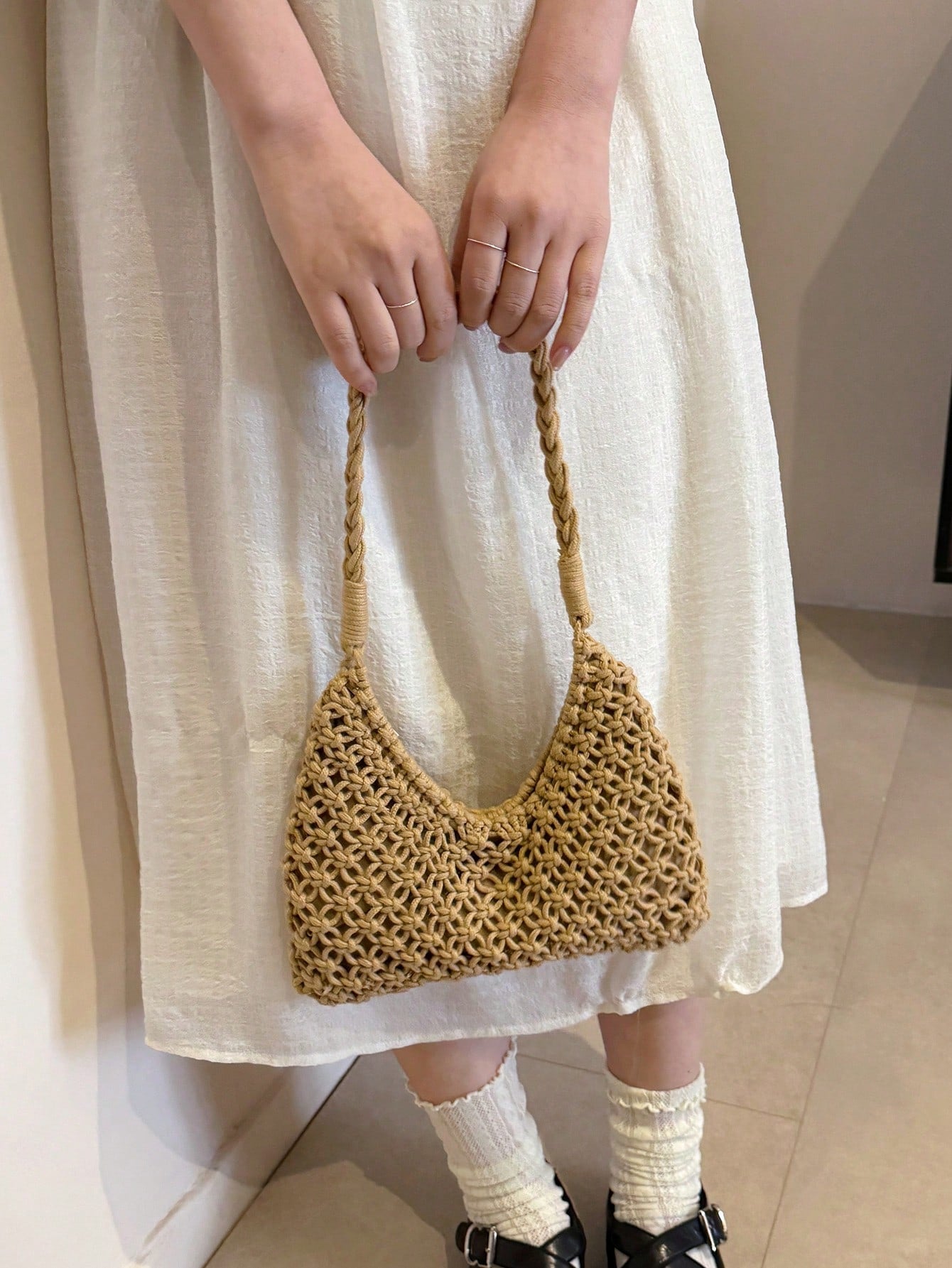 1pc Women's Solid Color Crochet Crescent Moon Shoulder Bag, Zipper Closure, Fashionable For Spring/Summer Casual, Commuting, Shopping, Vacation, Gift