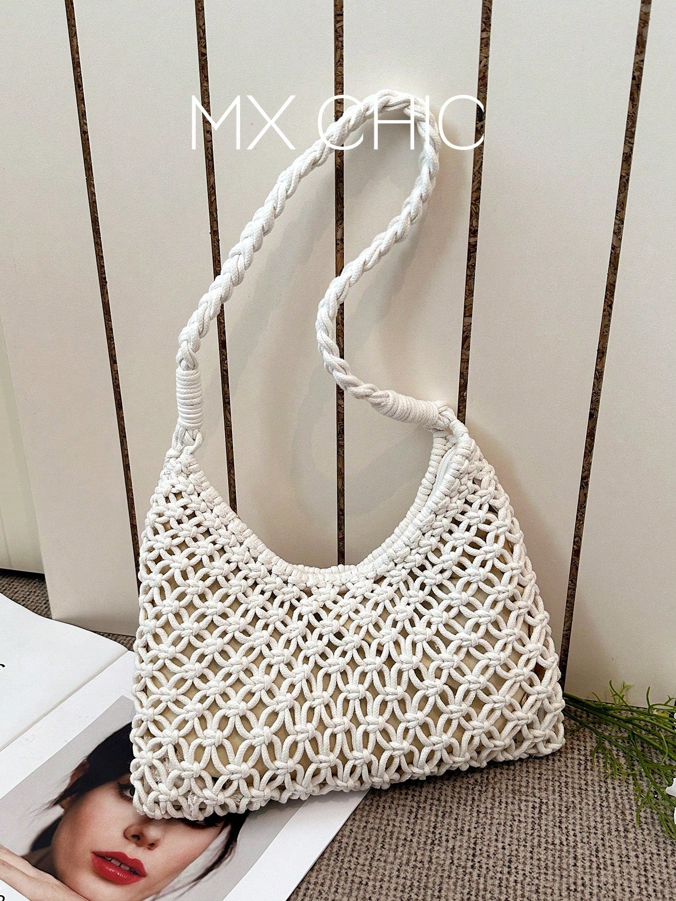 1pc Women's Solid Color Crochet Crescent Moon Shoulder Bag, Zipper Closure, Fashionable For Spring/Summer Casual, Commuting, Shopping, Vacation, Gift