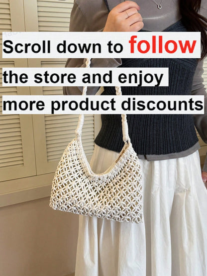 1pc Women's Solid Color Crochet Crescent Moon Shoulder Bag, Zipper Closure, Fashionable For Spring/Summer Casual, Commuting, Shopping, Vacation, Gift