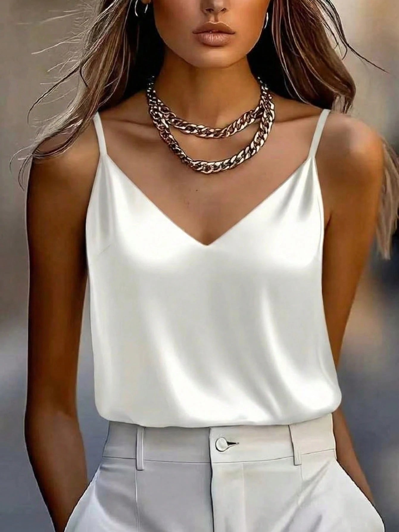 1pc Women's Summer Sleeveless Satin Camisole Shirt, Elegant Fashion Backless Tank Top, Suitable For Summer, Casual, Office, Party, Daily Wear White, Quiet Luxury