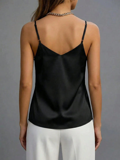 1pc Women's Summer Sleeveless Satin Camisole Shirt, Elegant Fashion Backless Tank Top, Suitable For Summer, Casual, Office, Party, Daily Wear White, Quiet Luxury