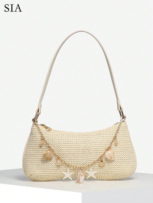 1pc Women's Vintage Resort Ocean Creature Faux Pearl Cherry Faux Fur Tail Woven Crossbody Bag, Straw Bag, Vacationcore