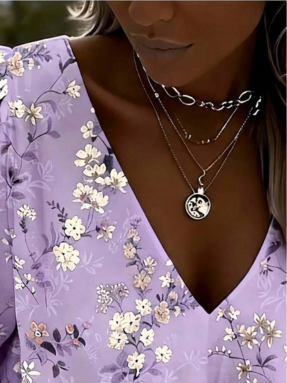 1pc Women's Vintage Western Style Elegant Casual V-Neck Long Sleeve Polyester (Polyester) Small Ditsy Floral Blouse, Bohemian Lantern Sleeve Design Comfortable Lightweight Breathable Machine Washable