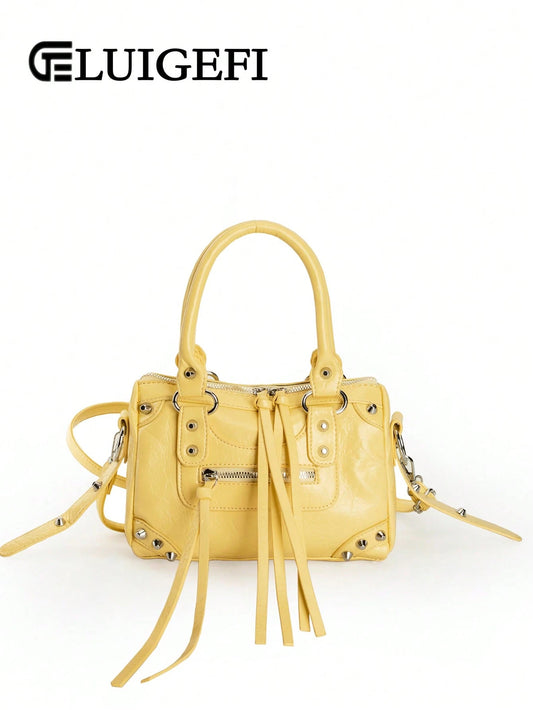 1pc Yellow Patchwork Rivet Inlaid Metal Tassel Zipper Decor Vintage PU Strap Fashion Sweet Cool Motorcycle Style Y2K Punk Women's Square Handbag