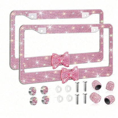 1Pcs Pink Bow License Plate Light Frame, Cute Binding Decoration, Shiny Car License Plate Frame, License Plate Protection, A Must-Have For Car Gifts