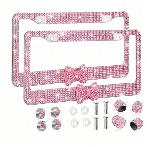 1Pcs Pink Bow License Plate Light Frame, Cute Binding Decoration, Shiny Car License Plate Frame, License Plate Protection, A Must-Have For Car Gifts