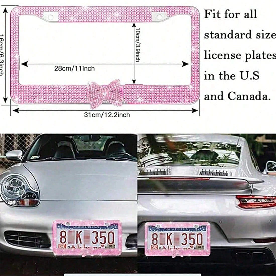 1Pcs Pink Bow License Plate Light Frame, Cute Binding Decoration, Shiny Car License Plate Frame, License Plate Protection, A Must-Have For Car Gifts