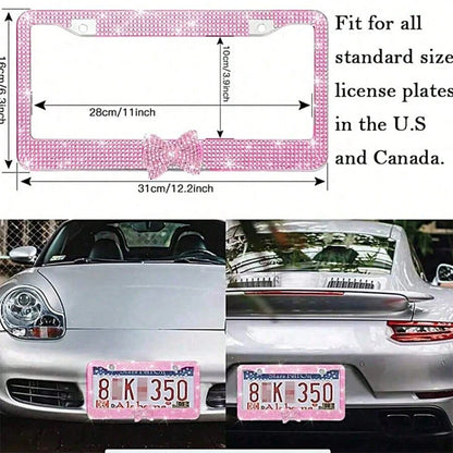 1Pcs Pink Bow License Plate Light Frame, Cute Binding Decoration, Shiny Car License Plate Frame, License Plate Protection, A Must-Have For Car Gifts