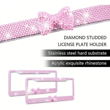 1Pcs Pink Bow License Plate Light Frame, Cute Binding Decoration, Shiny Car License Plate Frame, License Plate Protection, A Must-Have For Car Gifts