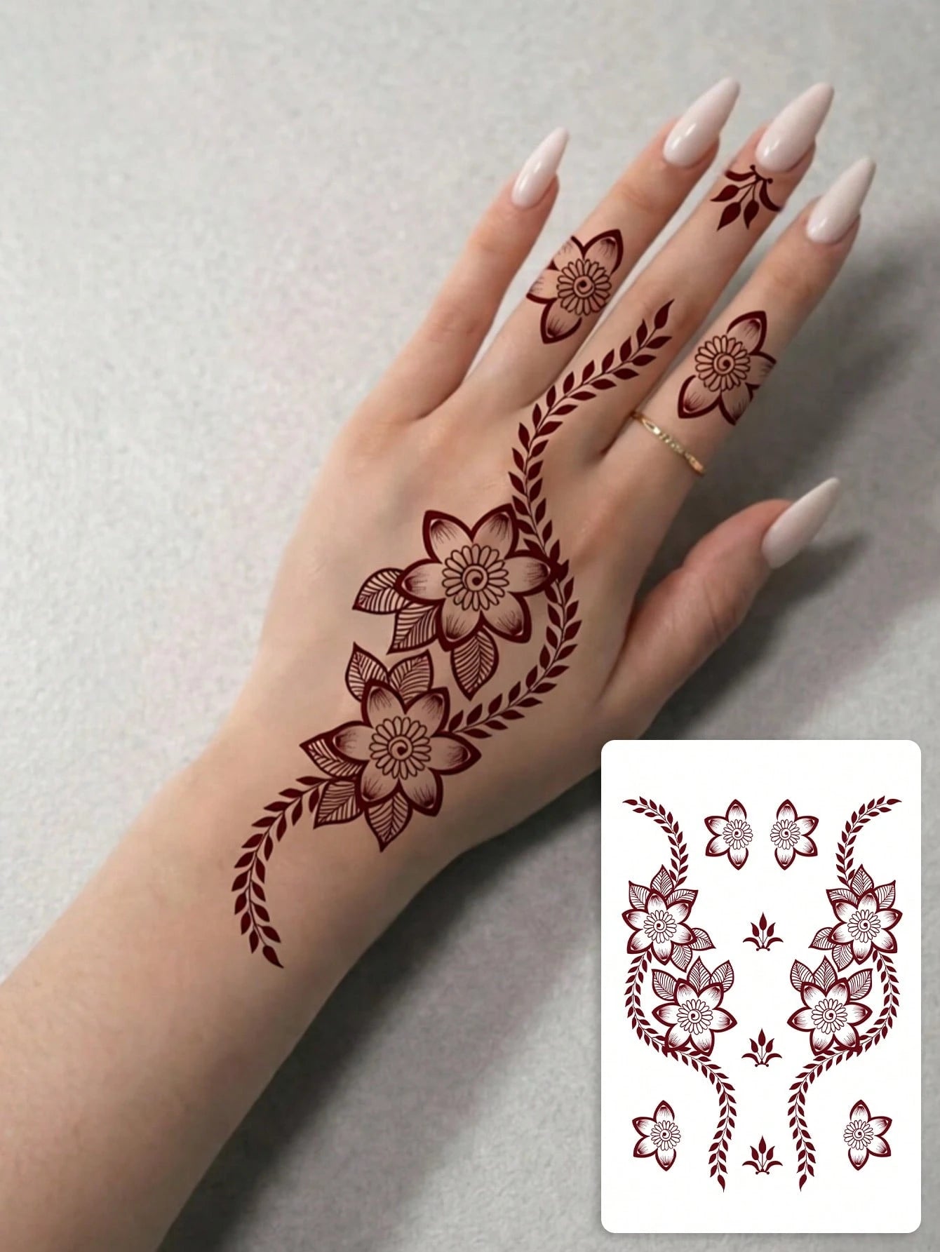 1sheet Henna Long Lasting Waterproof Palm Finger Split Floral Tattoo Sticker, Bohemian Fake Tattoo, Body Art Decal For Hand & Wedding Vacation Portrait Shooting Temporary Tattoo