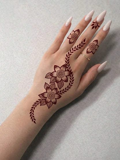 1sheet Henna Long Lasting Waterproof Palm Finger Split Floral Tattoo Sticker, Bohemian Fake Tattoo, Body Art Decal For Hand & Wedding Vacation Portrait Shooting Temporary Tattoo