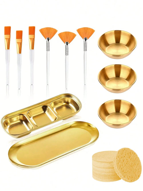 2/3/8/9/10/11/21pcs Facial Beauty Spa Care Tool Set, Stainless Steel Gold Mixing Bowl, DIY Accessories, Gold Tray, Divided Gold Tray, Face Fan Brush, Face Mask Brush, Facial Cleansing Compressed Round