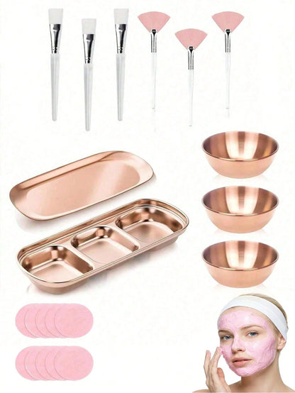 2/3/8/9/10/11/21pcs Facial Beauty Spa Care Tool Set, Stainless Steel Gold Mixing Bowl, DIY Accessories, Gold Tray, Divided Gold Tray, Face Fan Brush, Face Mask Brush, Facial Cleansing Compressed Round