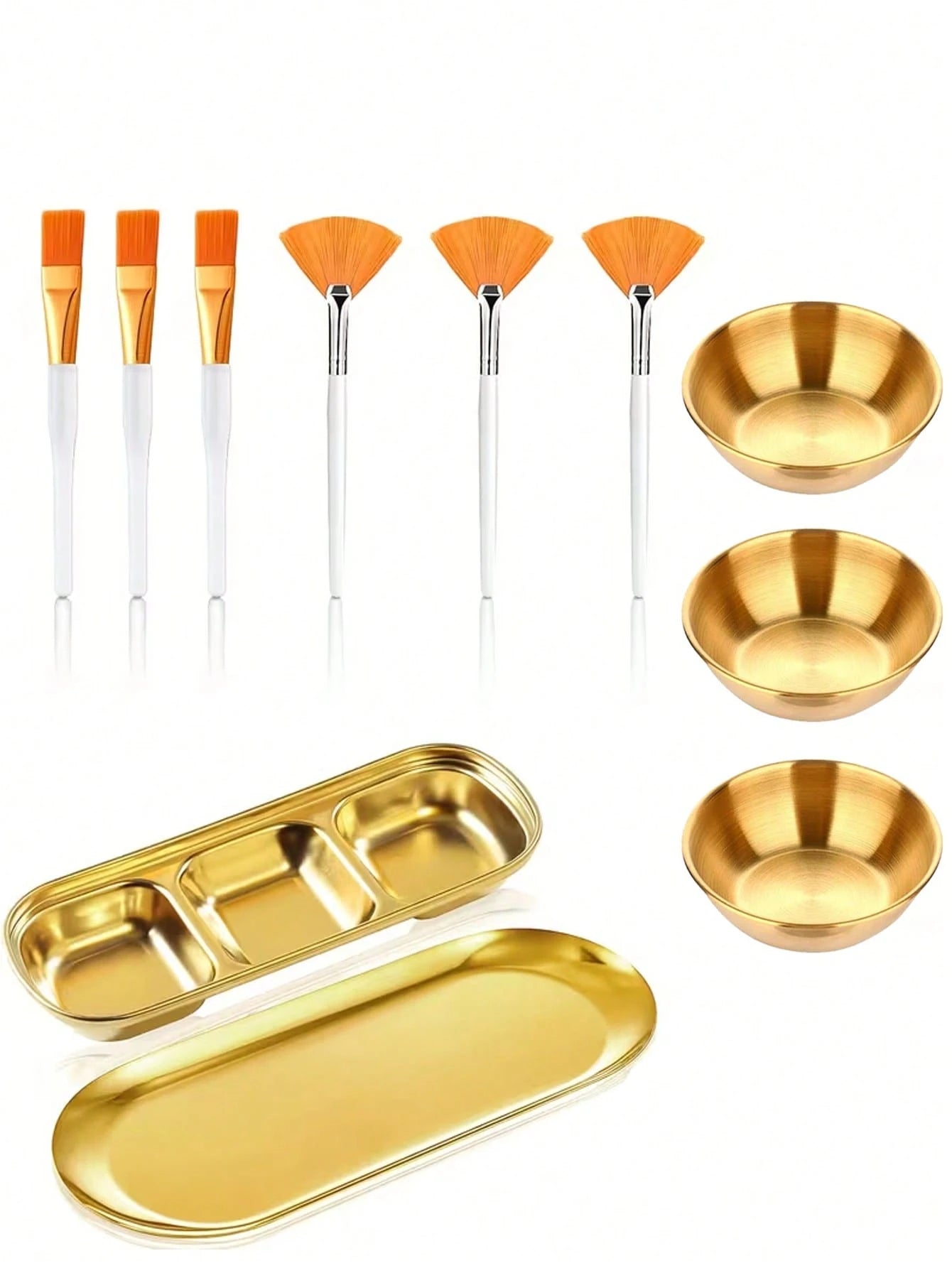 2/3/8/9/10/11/21pcs Facial Beauty Spa Care Tool Set, Stainless Steel Gold Mixing Bowl, DIY Accessories, Gold Tray, Divided Gold Tray, Face Fan Brush, Face Mask Brush, Facial Cleansing Compressed Round