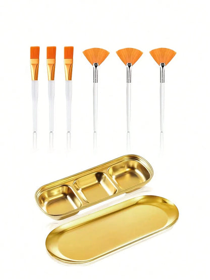 2/3/8/9/10/11/21pcs Facial Beauty Spa Care Tool Set, Stainless Steel Gold Mixing Bowl, DIY Accessories, Gold Tray, Divided Gold Tray, Face Fan Brush, Face Mask Brush, Facial Cleansing Compressed Round