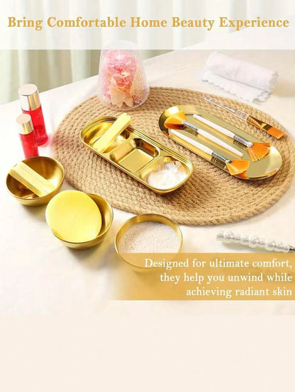 2/3/8/9/10/11/21pcs Facial Beauty Spa Care Tool Set, Stainless Steel Gold Mixing Bowl, DIY Accessories, Gold Tray, Divided Gold Tray, Face Fan Brush, Face Mask Brush, Facial Cleansing Compressed Round