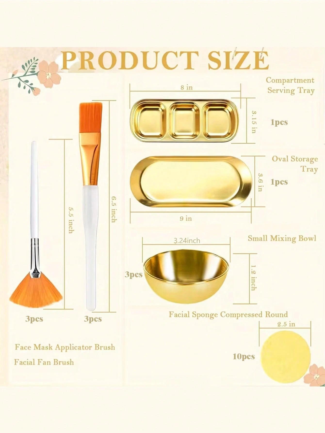 2/3/8/9/10/11/21pcs Facial Beauty Spa Care Tool Set, Stainless Steel Gold Mixing Bowl, DIY Accessories, Gold Tray, Divided Gold Tray, Face Fan Brush, Face Mask Brush, Facial Cleansing Compressed Round