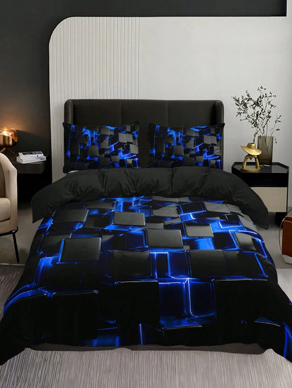 2/3pcs Stylish Blue 3D Cube Geometric Pattern Duvet Cover Set (1 Duvet Cover + 1/2 Pillowcase, Pillow Insert Not Included), High Definition Print For Home & Dorm
