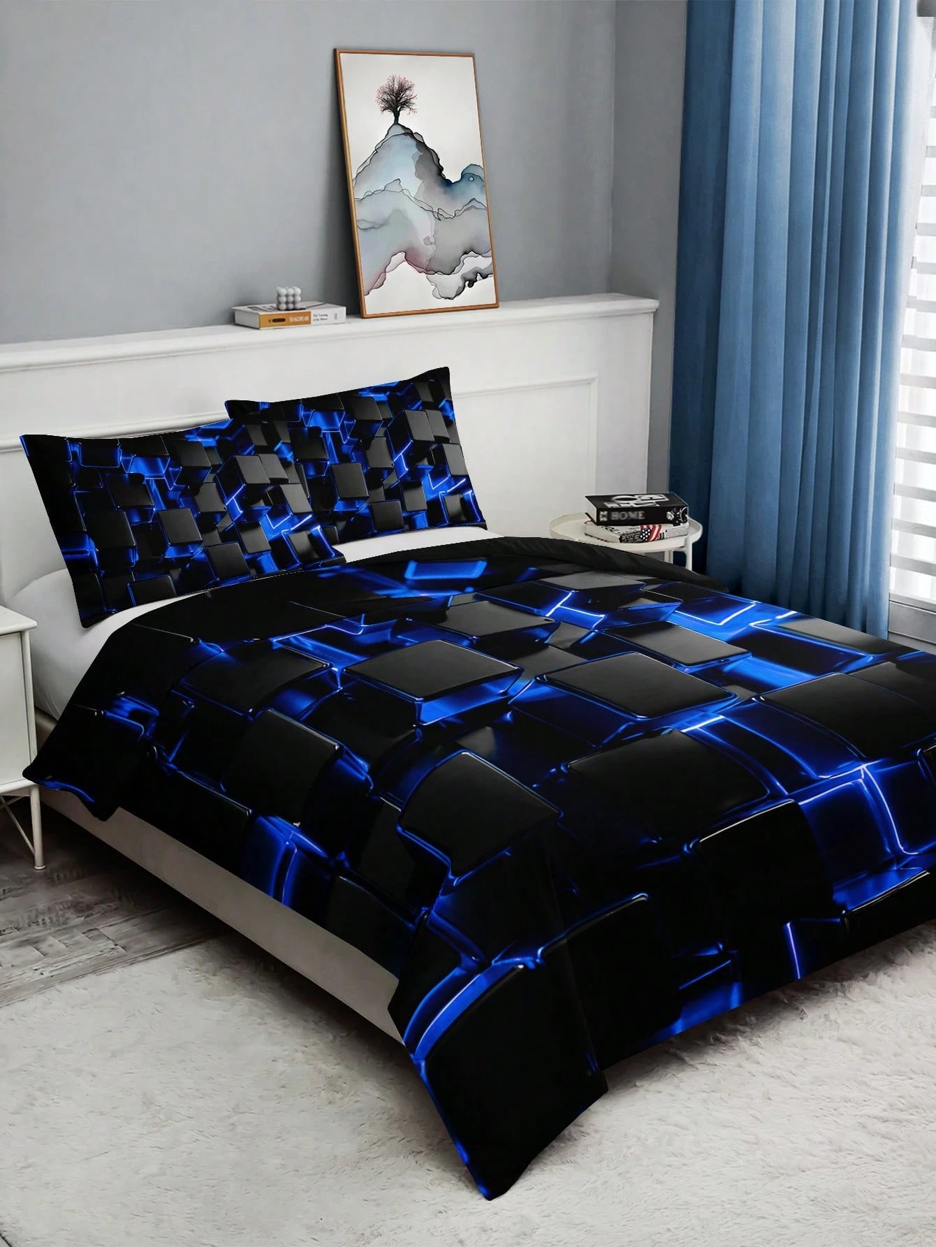 2/3pcs Stylish Blue 3D Cube Geometric Pattern Duvet Cover Set (1 Duvet Cover + 1/2 Pillowcase, Pillow Insert Not Included), High Definition Print For Home & Dorm